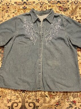 Club Z Vintage Western Denim Button-Up Shirt with Floral Embroidery, XL
